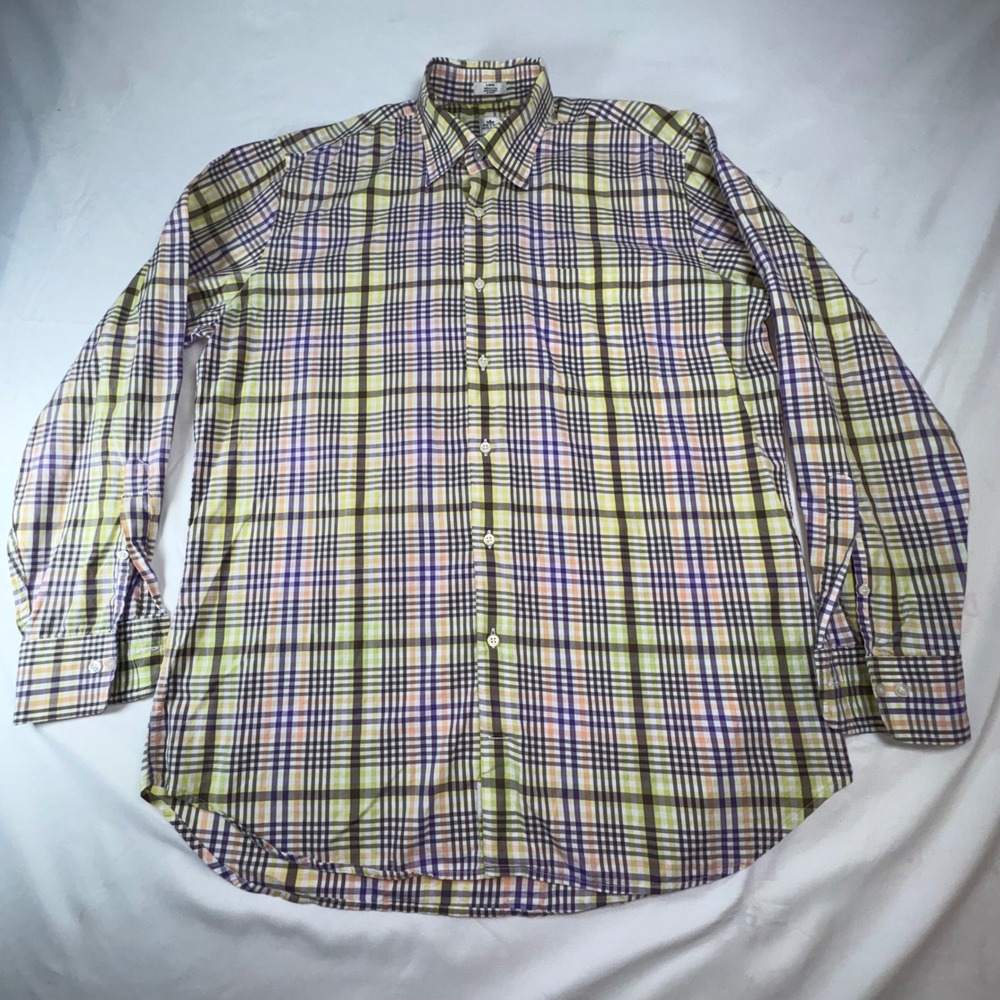 Peter Millar Mens Large Plaid Button Down Shirt Purple Yellow Orange Cotton L/S